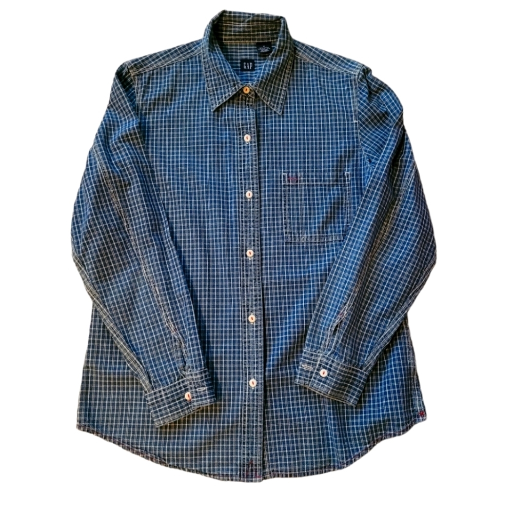 GAP Womens Collared Button Front Shirt Navy blue checkered 100% Cotton Size Med